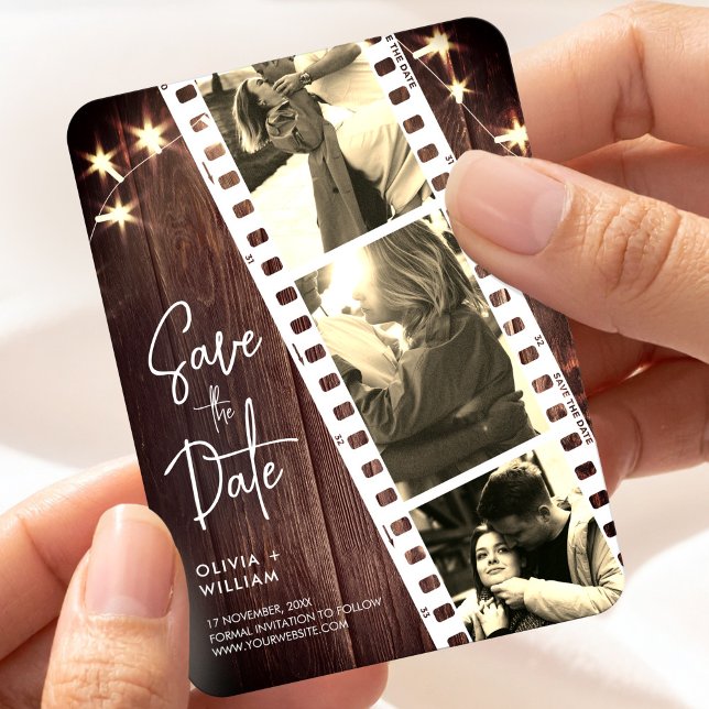 Bröllopsgåva - datumlappar i remsor med foto, rust magnet (Photo Strip Wedding Save the Date Favor Rustic Magnet, Photo Booth Strip)
