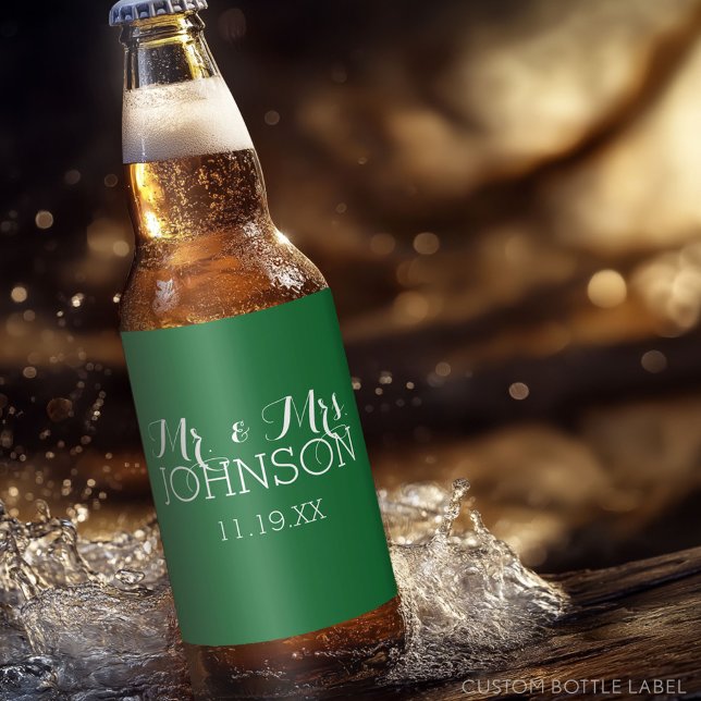 Bröllopsgåva Herr & Fru - Minimalistisk Grön Ölflaska Etikett (Custom Party Beer Label - Wedding Anniversary)