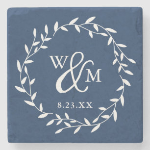 Bröllopsgåva Minnessaker Blomsterkrans Monogram Stenunderlägg