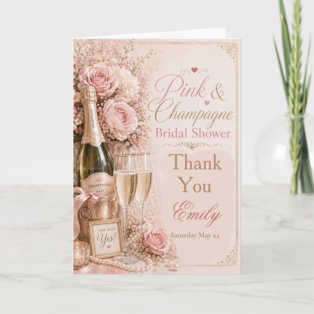 Bröllopsgåva tack kort Rosa & Champagne (Framsida)