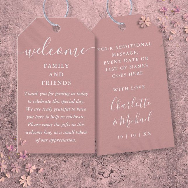 Bröllopsgåva Välkomstkorgpåse Damrose Presentetikett (Wedding Favor Welcome Basket Bag Dusty Rose Gift Tags)