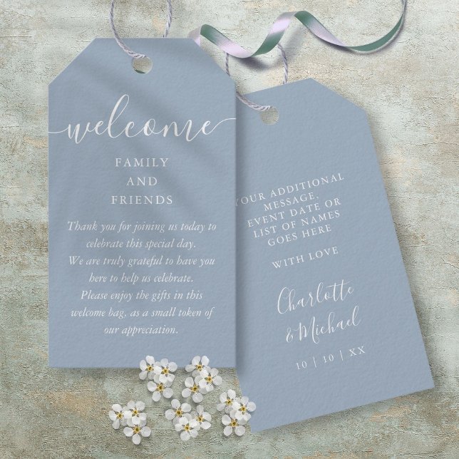 Bröllopsgåva Välkomstkorgs Påse Dammtorblue Presentetikett (Wedding Favor Welcome Basket Bag Dusty Blue Gift Tags)