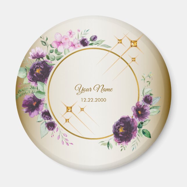 Bröllopsgåve Parti Lila Rosa Blommig Grön Guld Magnet (Framsidan)