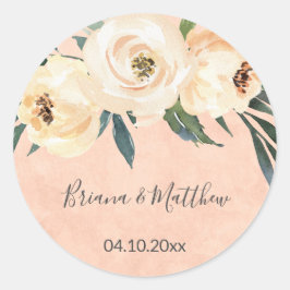 Bröllopsgavor med blommig beige rosafärgad persika runt klistermärke