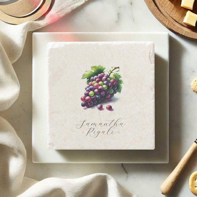 Bröllopsgavor Vinprovning Tema Stenunderlägg (Wine gift personalized coasters watercolor grapes designed by Victoria Grigaliunas Do Tell A Belle)