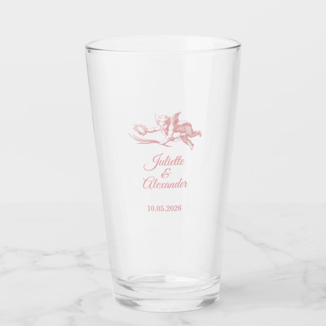 Bröllopsglas med Toile de Jouy-kerub i rosaton  Glaskopp (Framsida)