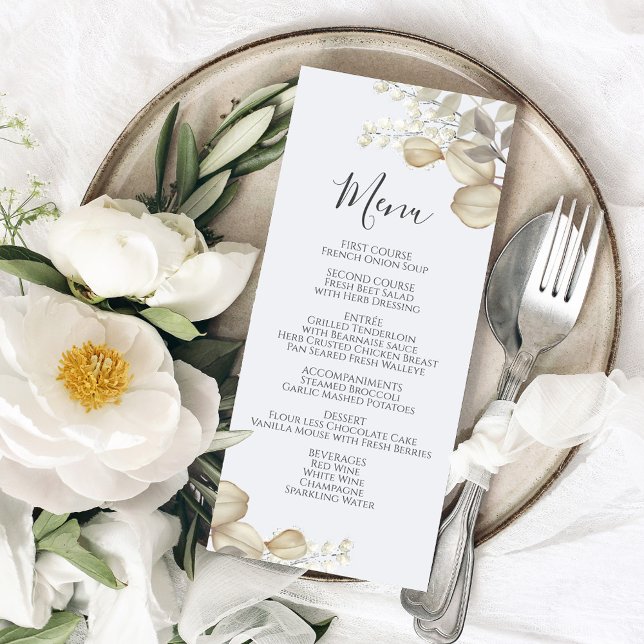 Bröllopsgrönska Kalligrafi Meny Skript (Wedding menu card with calligraphy script and elegant foliage.)