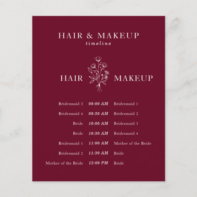 Bröllopshår Makeup Tidslinje burgunder på budget Flygblad (Framsidan)