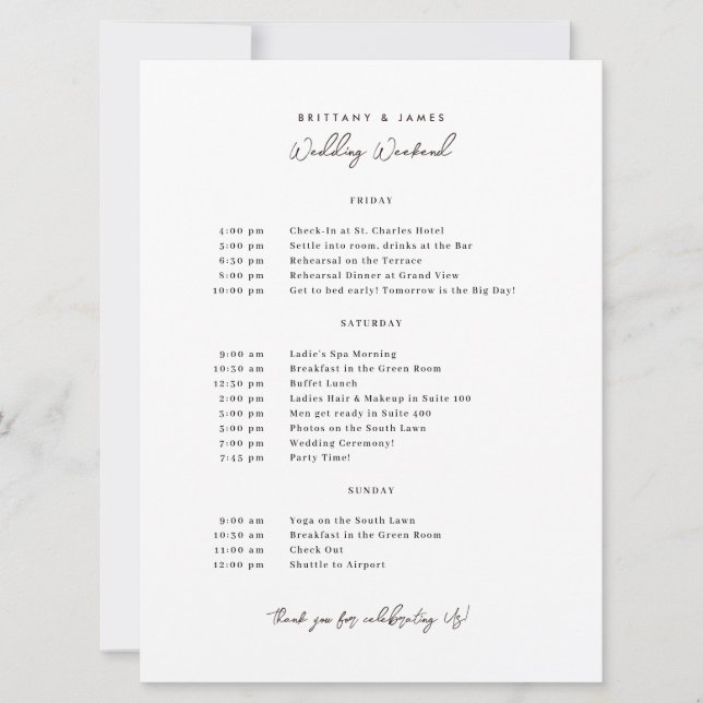 Bröllopshelgens Itinerary V3 Inbjudningar (Framsida)