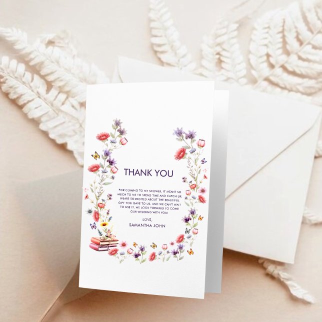 Bröllopshistoriebok Vildblomma Bröllopsdusch Tack Kort (Elegant storybook thank-you card for the bride’s new chapter.)