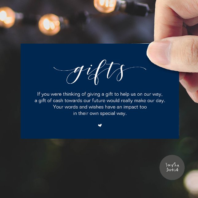 Bröllopshoppbrunn, En notis om gåvor Tilläggskort (Beautiful Elegant Wedding Wishing Well, A Note On Gifts Enclosure Card in Navy Blue)