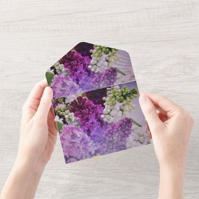 bröllopsinbjudan allt i ett lila vit violett (Öppning)