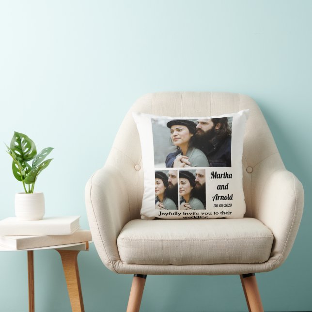 Bröllopsinbjudan anpassningsbar 3 Fotokollage Kudde (Stol)