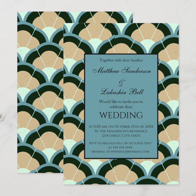 Bröllopsinbjudan Art Deco Blue Grått Light Brown Inbjudningar (Fram/baksida)