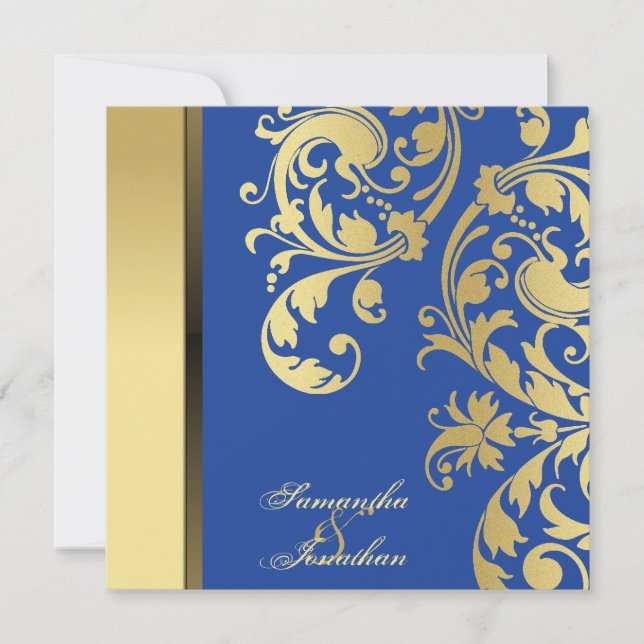 Bröllopsinbjudan Blå Blommigt Shimmer Guld Inbjudningar (Framsida)
