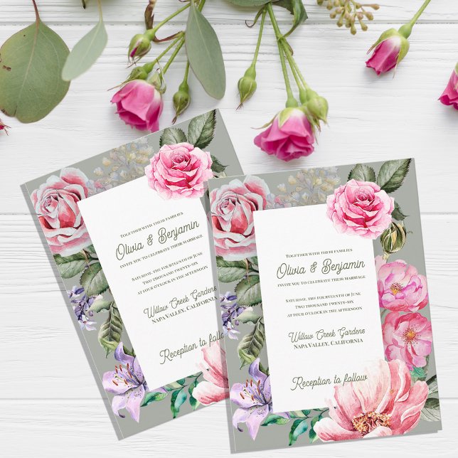 Bröllopsinbjudan Blush Garden Romantic Floral Vykort (Blush Garden Floral Wedding Invitation | Romantic Rose Botanical Wedding Invitation Card)