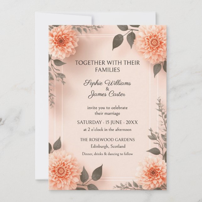 Bröllopsinbjudan Blush Peach Dahlia Inbjudningar (Framsida)