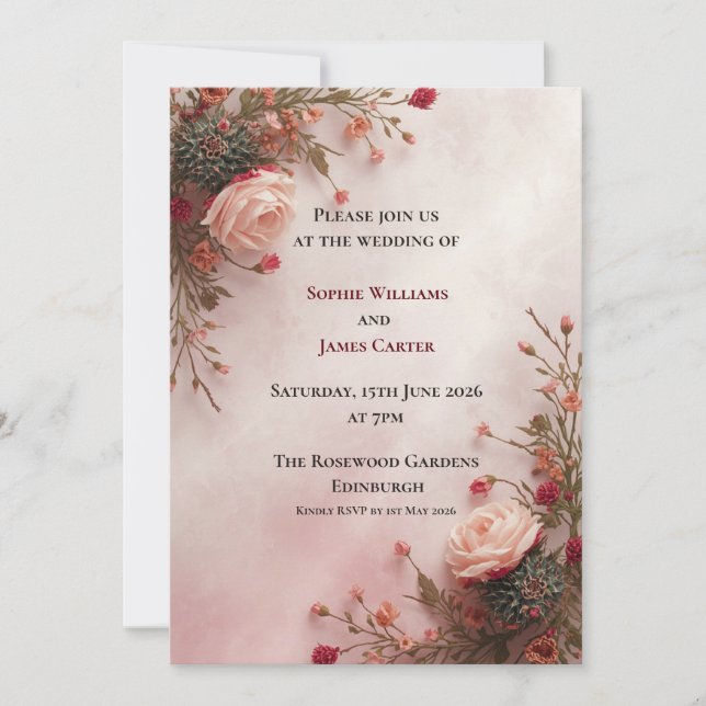 Bröllopsinbjudan Blush Rose | Romantisk Blomma Inbjudningar (Framsida)
