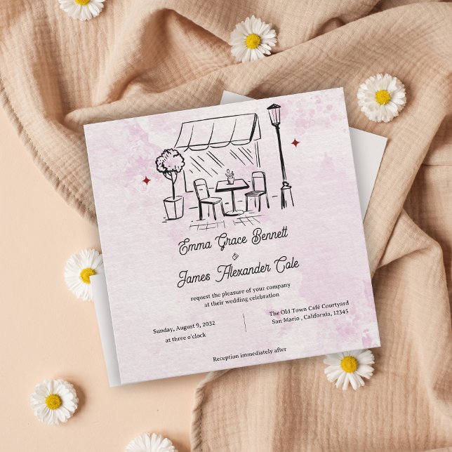Bröllopsinbjudan Blush Watercolor Café Illustratio (Blush Watercolor Café Illustration Wedding Invite)