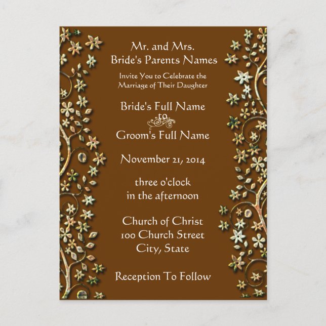 Bröllopsinbjudan - Brun surr och blommor Inbjudan Vykort (Framsida)