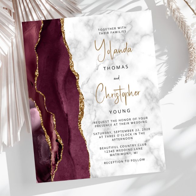 Bröllopsinbjudan Budget Agate Marble Burgundy Guld (Skapare uppladdad)