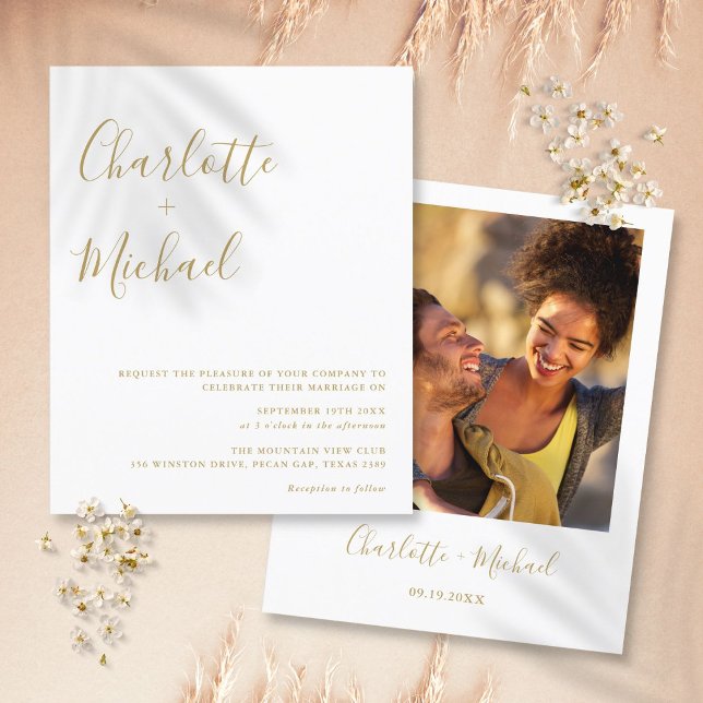 Bröllopsinbjudan Budget Guld Skript Foto (Budget Gold Script Photo Wedding Invitation)