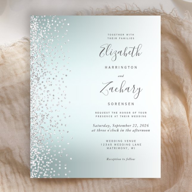 Bröllopsinbjudan Budget Silver Confetti Aqua Ombre (Skapare uppladdad)