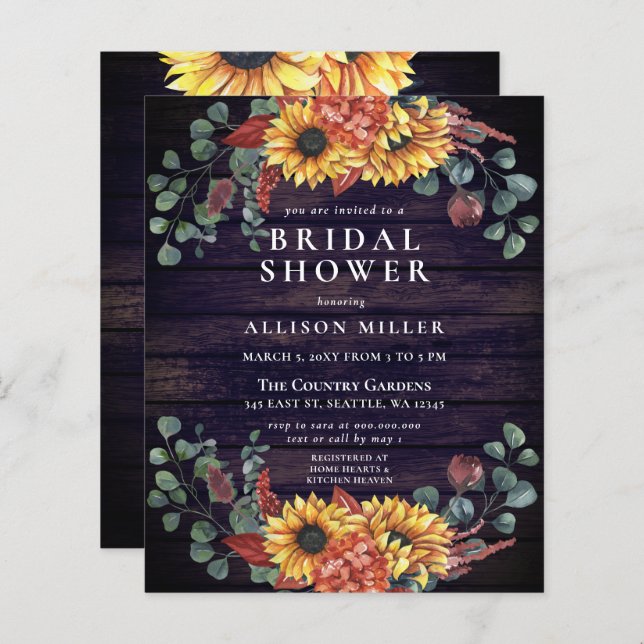 Bröllopsinbjudan Budget Trä Solrosor (Fram/baksida)