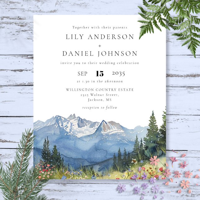 Bröllopsinbjudan Budget Watercolor Mountain (Budget Watercolor Mountain Wedding Invitation)
