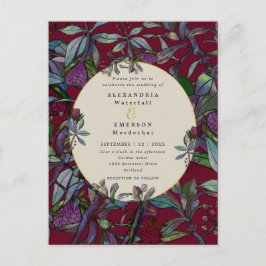 Bröllopsinbjudan burgunderröd blomsterguldblad ram vykort