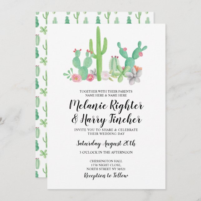 Bröllopsinbjudan Cactus Watercolor Blommigt Inbjud Inbjudningar (Fram/baksida)