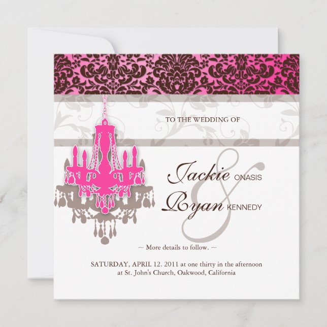 Bröllopsinbjudan Chandelier Rosa Brown Damask Inbjudningar (Framsida)