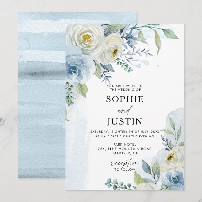 Bröllopsinbjudan Dusty Blue och White Blommigt Inbjudningar (Fram/baksida)