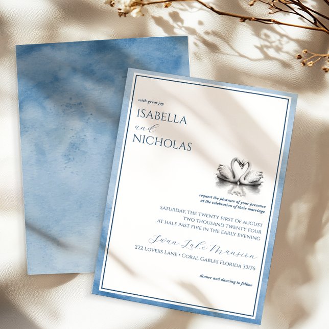 Bröllopsinbjudan Dusty Blue Svan Sjö Inbjudningar (Romantic Wedding Invitation )