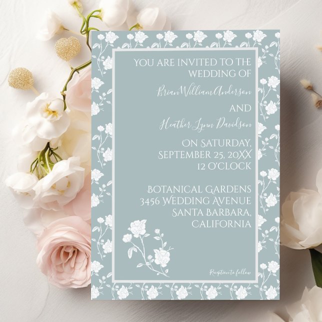 Bröllopsinbjudan Dusty Blue Vintage Ro Inbjudningar (Dusty Blue Rose Wedding Invitation)