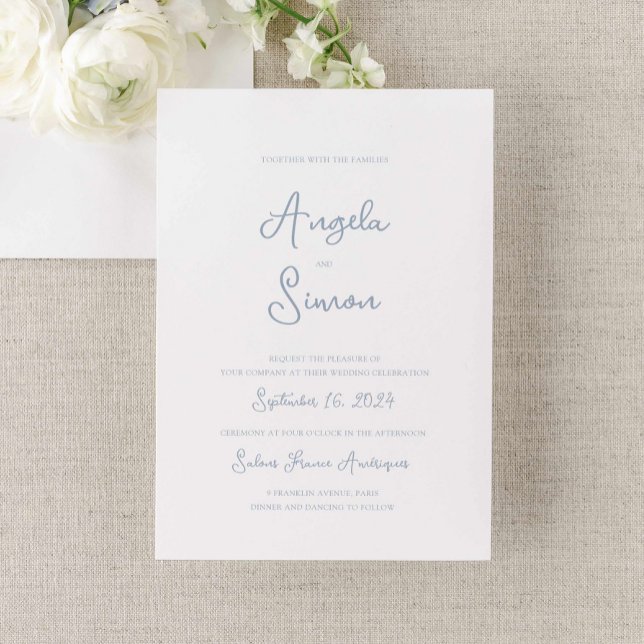 Bröllopsinbjudan Dusty Blue Whimsical Bow Cherub Inbjudningar (dusty blue wedding invitation, vintage french inspired hand written cherub bow illustrated)