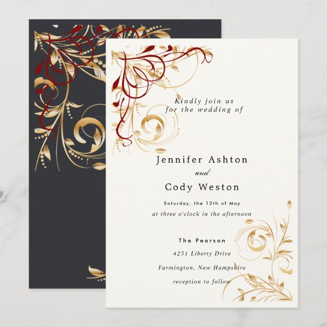 Bröllopsinbjudan Elegant Guld Swirl Färg Choice Inbjudningar (Fram/baksida)