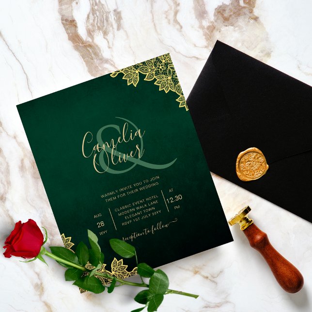 Bröllopsinbjudan Emerald Grönt Guld Snöre Flygblad (Skapare uppladdad)