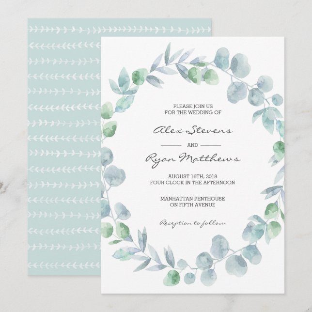 Bröllopsinbjudan | Eucalyptus trädgårdstrandfärg Inbjudningar (Fram/baksida)