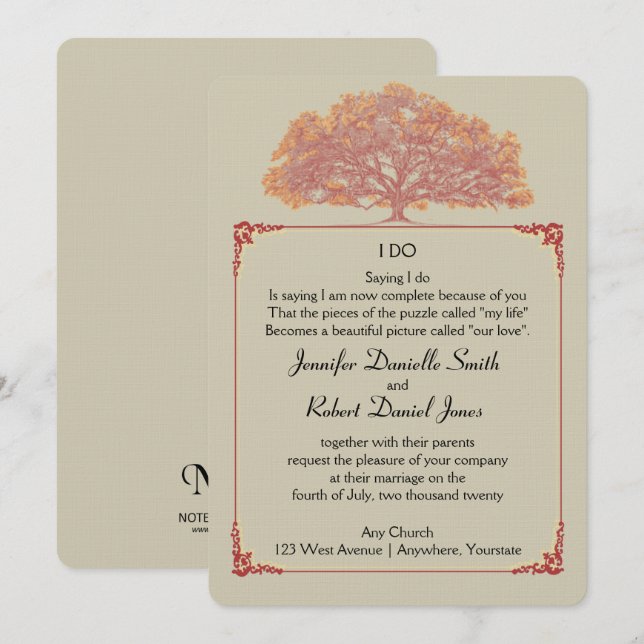 Bröllopsinbjudan Fall Oak Träd Inbjudningar (Fram/baksida)