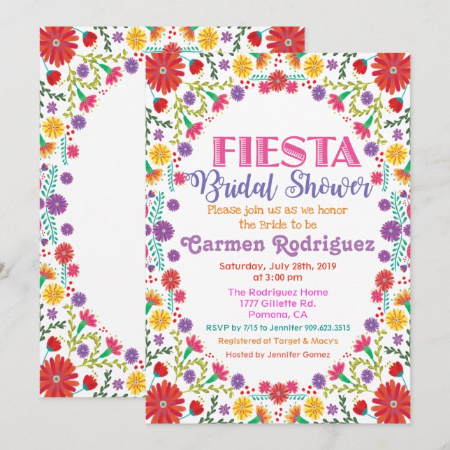 Bröllopsinbjudan Fiesta Floral Inbjudningar (Fram/baksida)