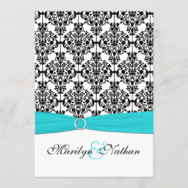 Bröllopsinbjudan för Aqua, White and Black Damask Inbjudningar