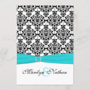 Bröllopsinbjudan för Aqua, White and Black Damask Inbjudningar