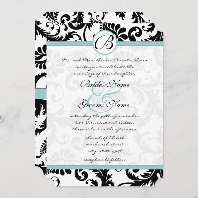 Bröllopsinbjudan för Bright Aqua Damask Swirls 5 x Inbjudningar (Fram/baksida)