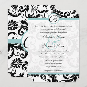 Bröllopsinbjudan för Bright Aqua Damask Swirls 5 x Inbjudningar