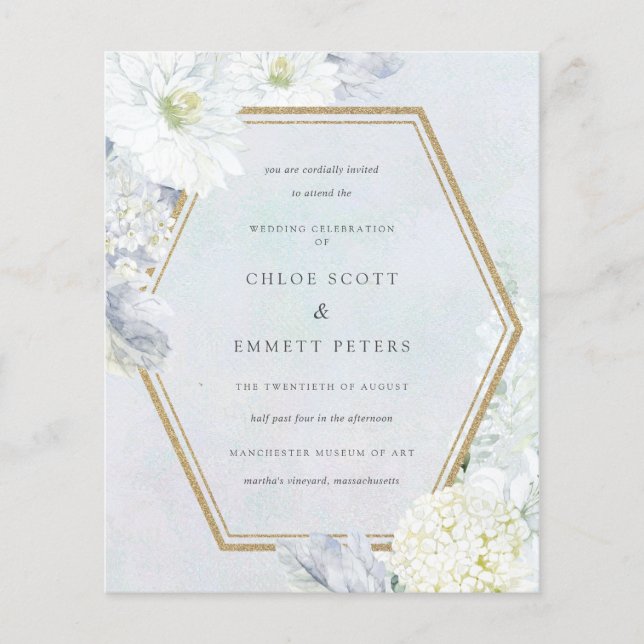 Bröllopsinbjudan för budgetblåvite Blommigt (Framsida)