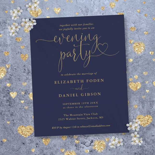 Bröllopsinbjudan för budgetflotta och guld kvällsf (Budget Navy And Gold Evening Party Wedding Invite)