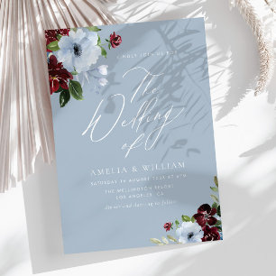 bröllopsinbjudan för burgundisk dammig blå blommig inbjudningar