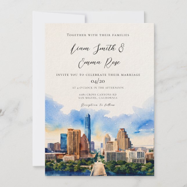 Bröllopsinbjudan för destinationen AUSTIN Skyline Inbjudningar (Framsida)