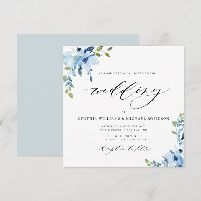 bröllopsinbjudan för elegant blått och vitt blommi inbjudningar (Fram/baksida)